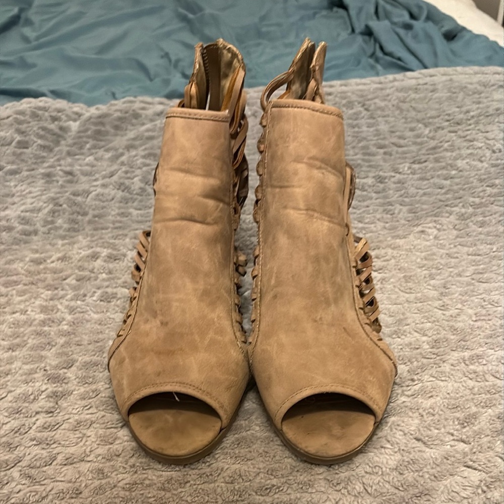 Tan Heeled Boots with Lace-Up Design and Open Toe